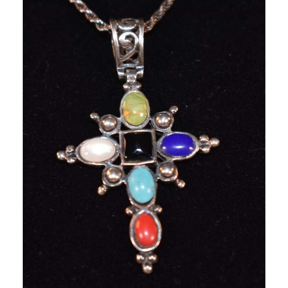 Vintage Sterling Silver 925 MOP Multi-Color Gemstone Cross Pendant 20" Chain
